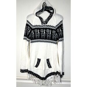 Women's Alpaca Blend Llama Print Hooded Long Sleeve Sweater L Boho Festival Cozy